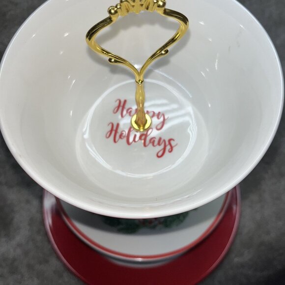 Christmas 3-Tier Ceramic Serving Stand Tid Bit With Gold Handle Holiday Parties - Picture 2 of 8